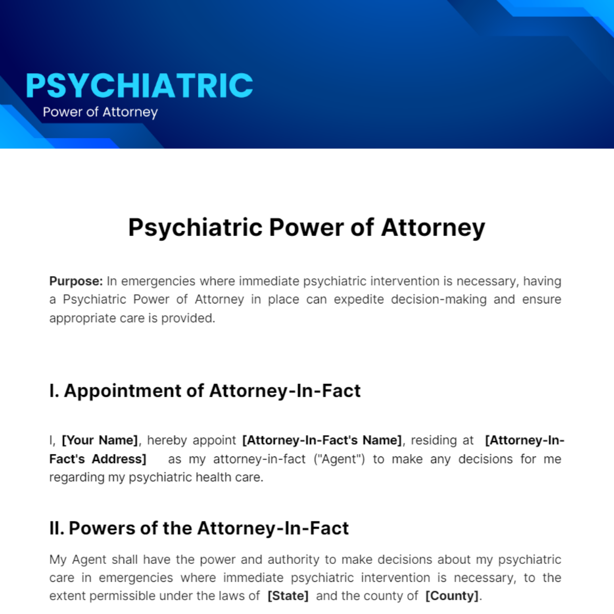 Psychiatric Power of Attorney Template
