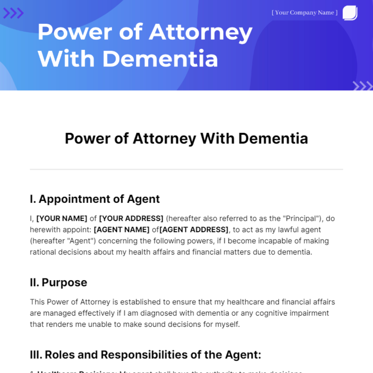 Power of Attorney With Dementia Template