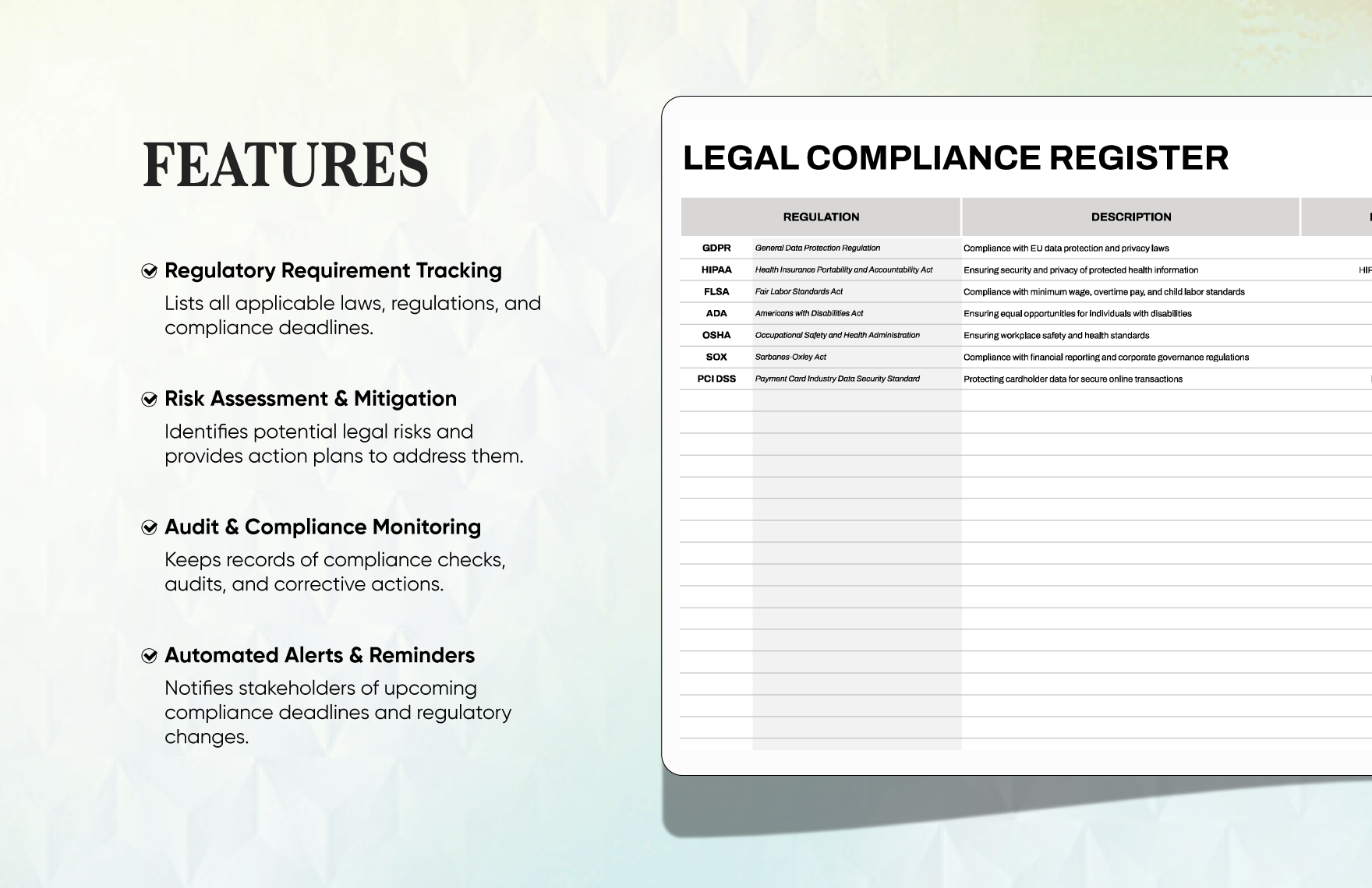 Legal Compliance Register Template