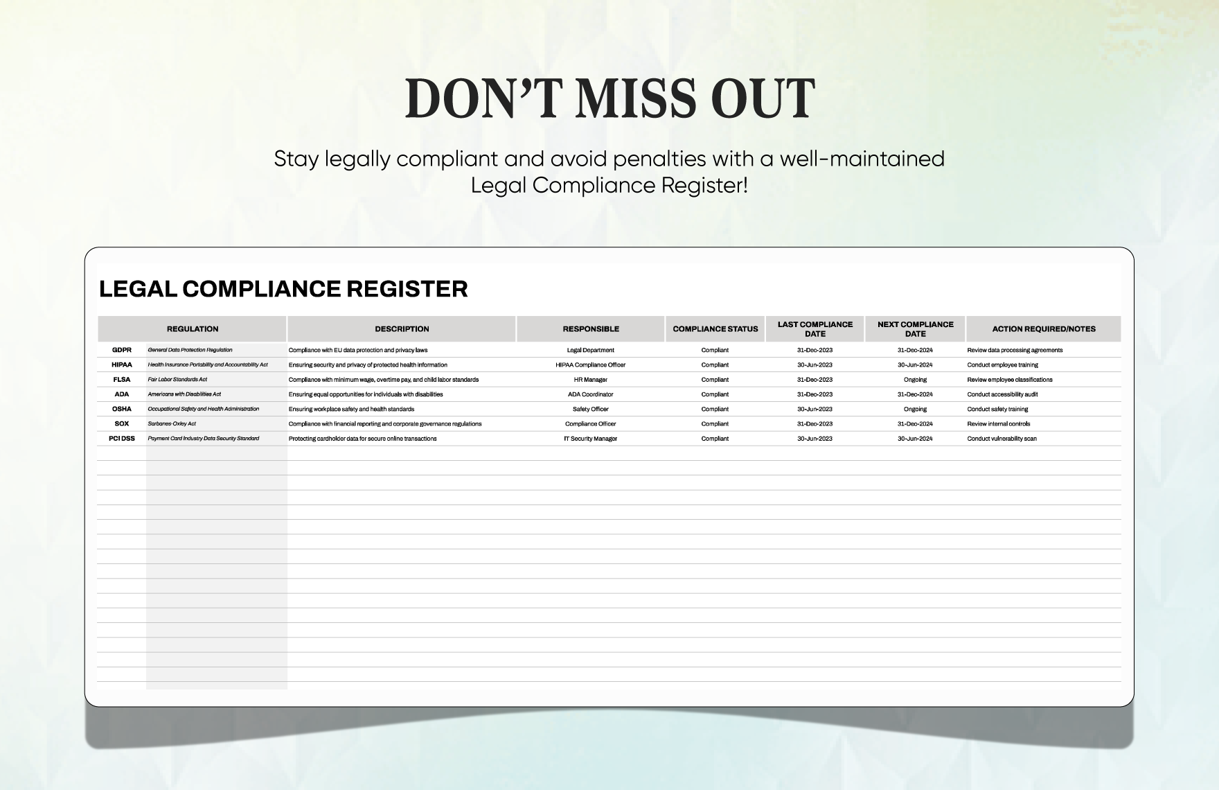 Legal Compliance Register Template