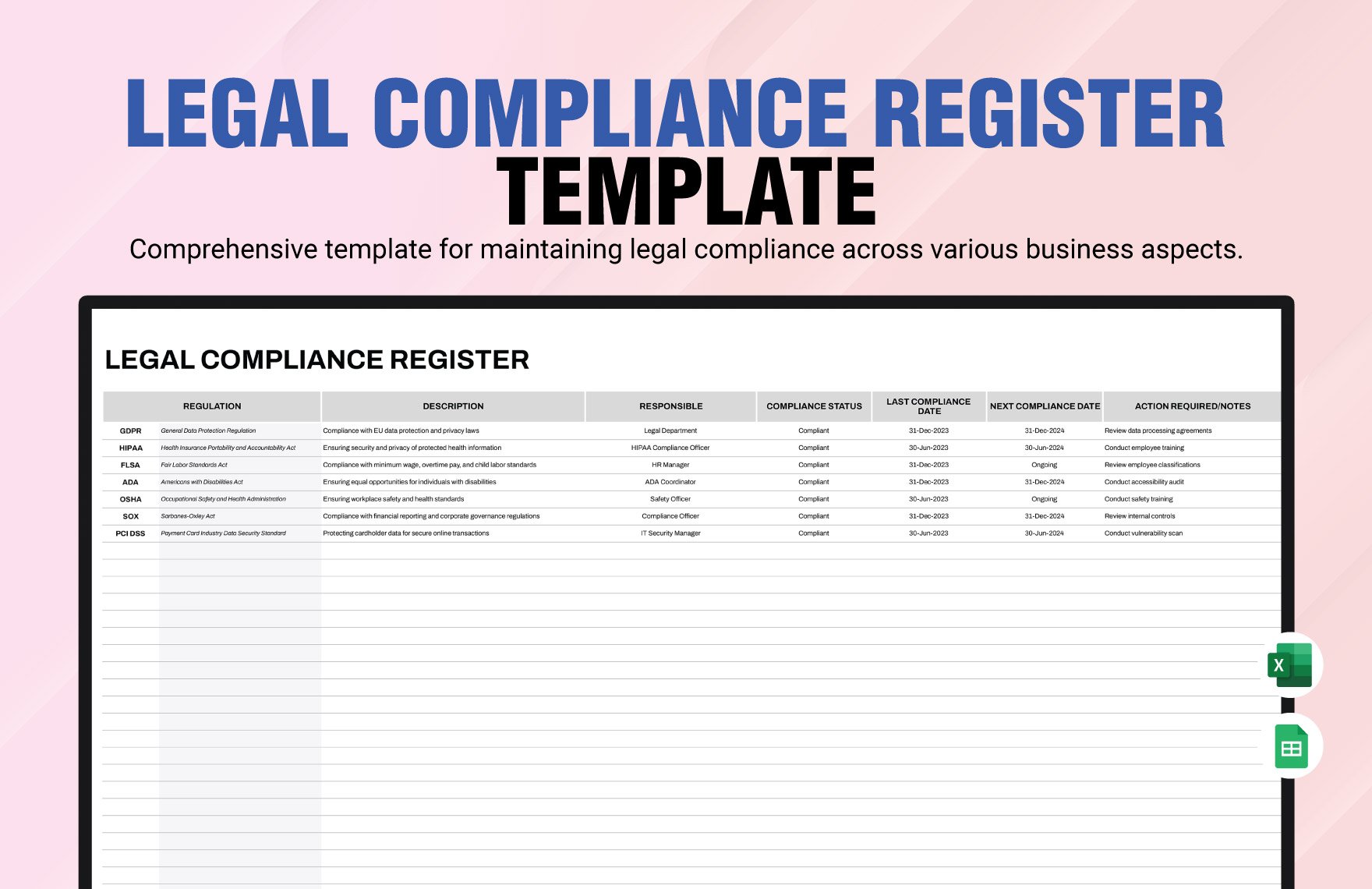 Legal Compliance Register Template in Excel, Google Sheets