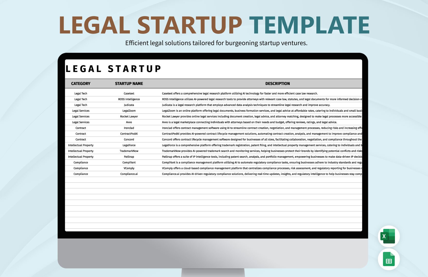 Legal Startup Template in Excel, Google Sheets