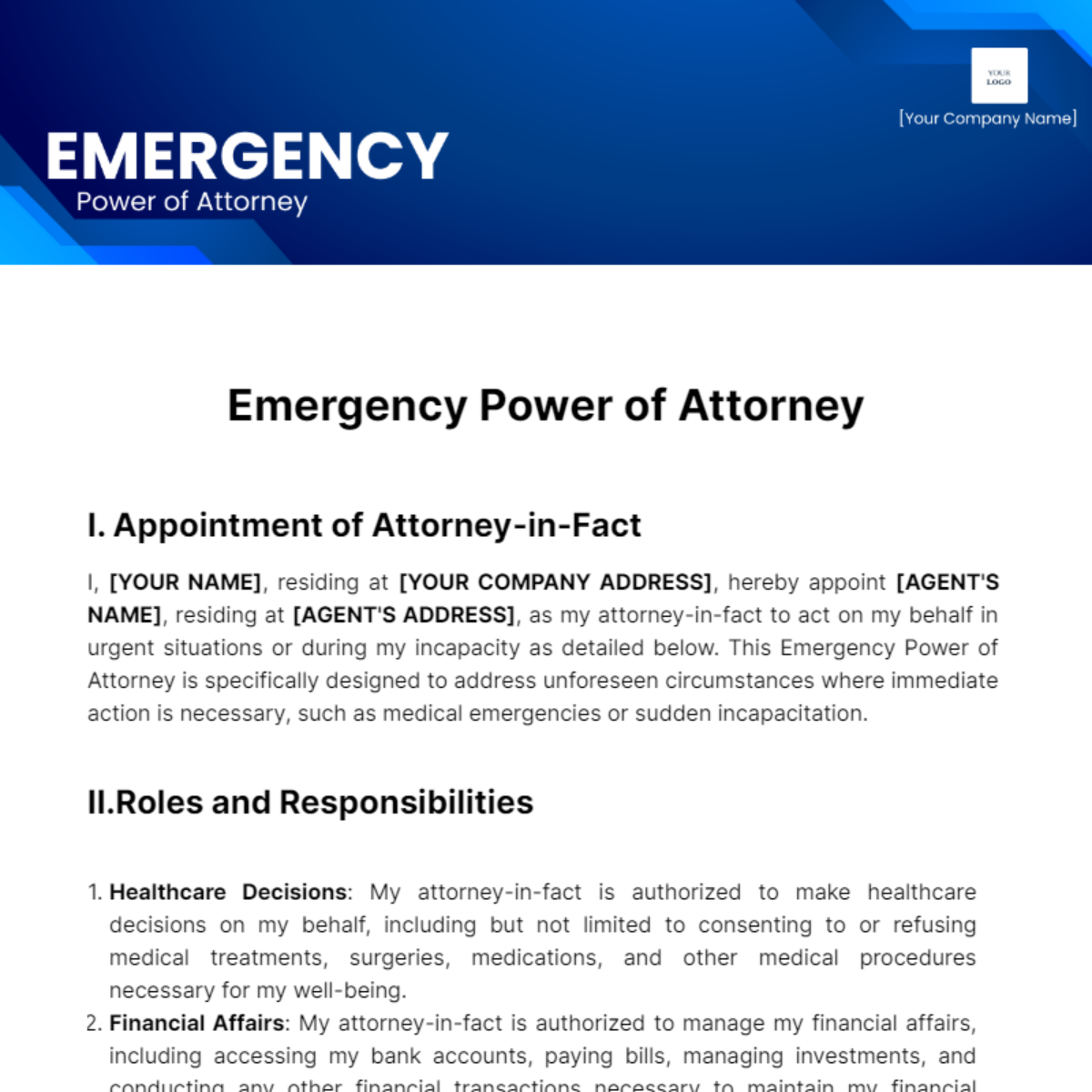 Emergency Power of Attorney Template