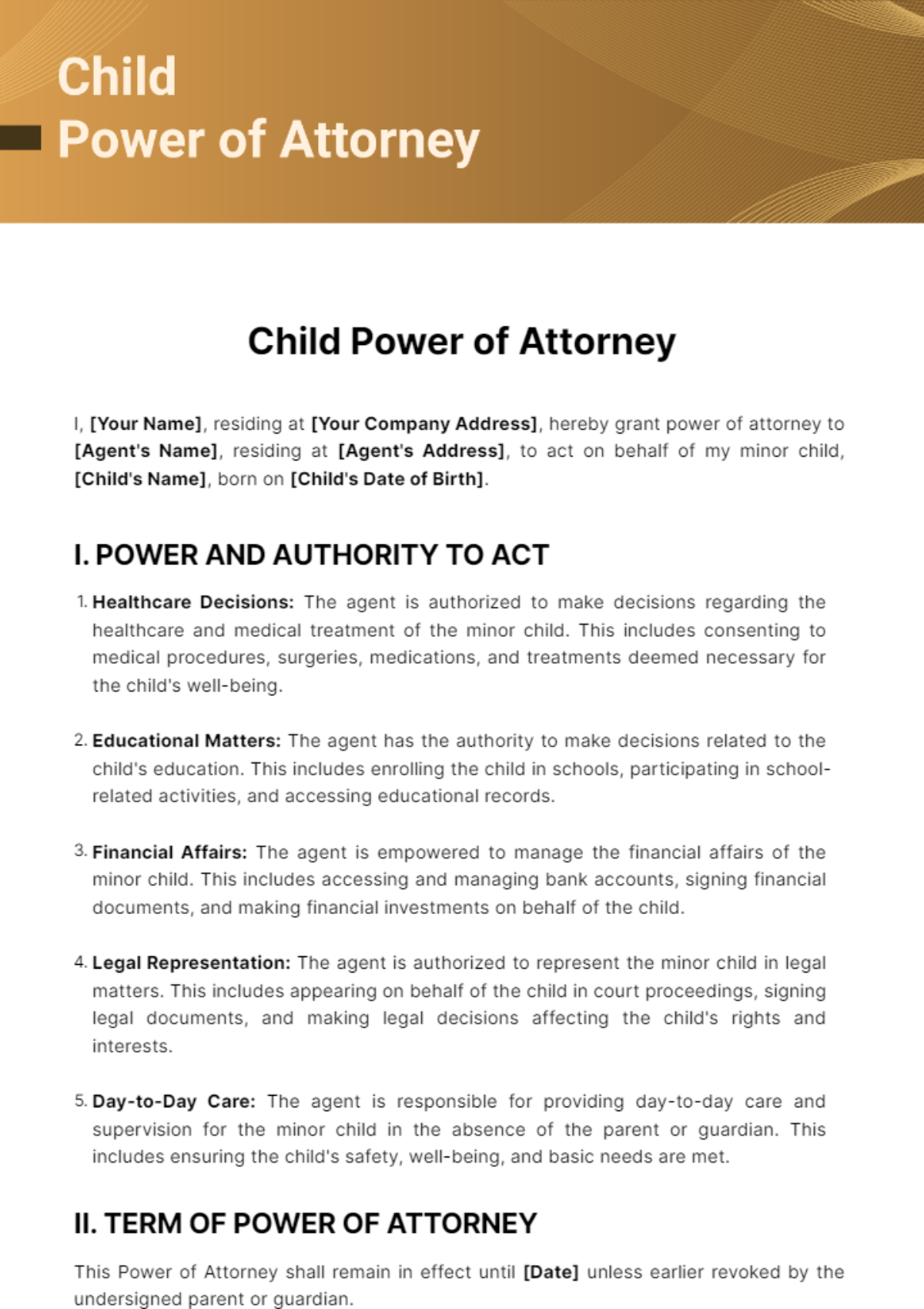 Free Child Power of Attorney Template - Edit Online & Download ...