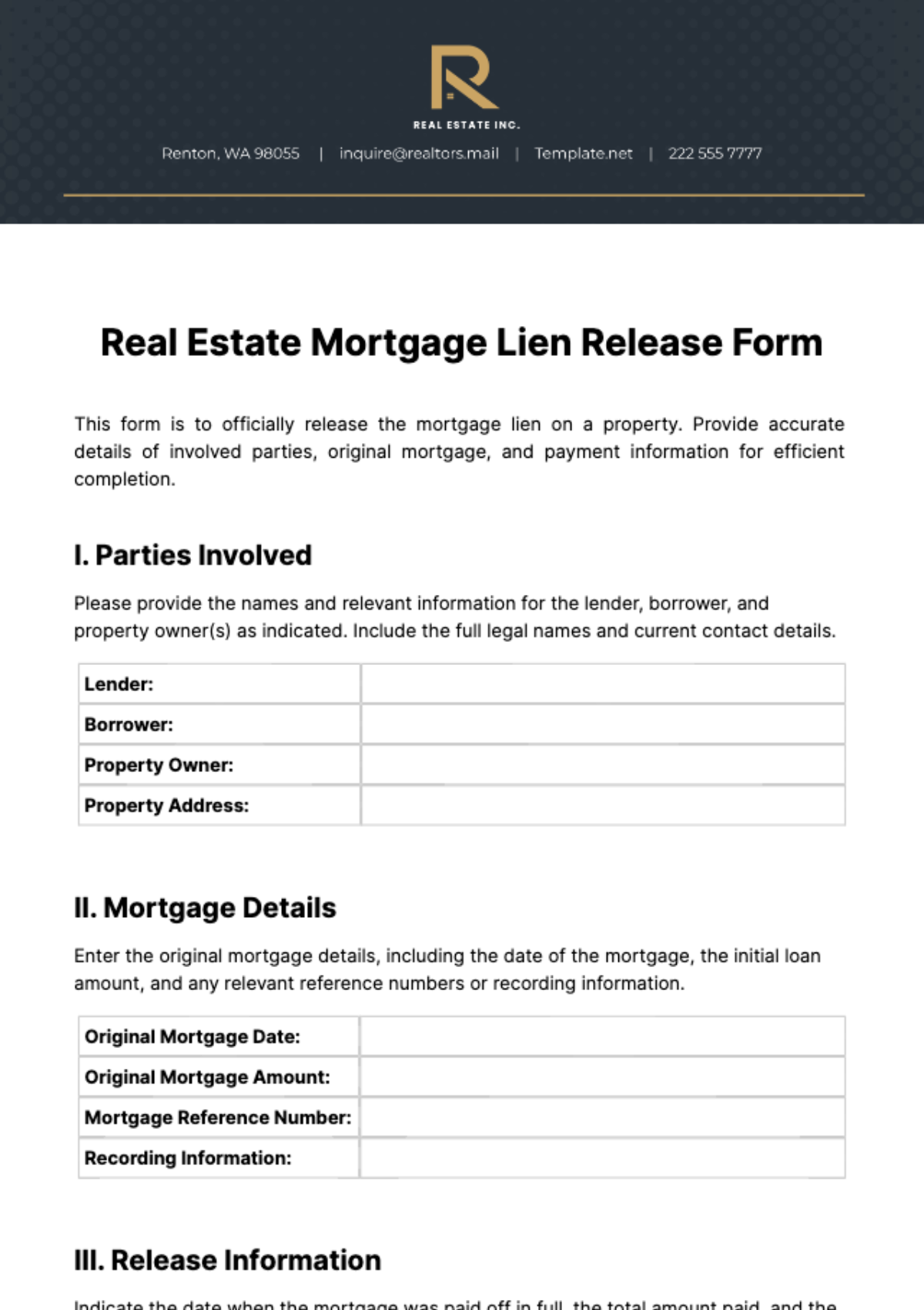 Real Estate Mortgage Lien Release Form Template