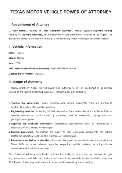 Free Texas Motor Vehicle Power of Attorney Template to Edit Online
