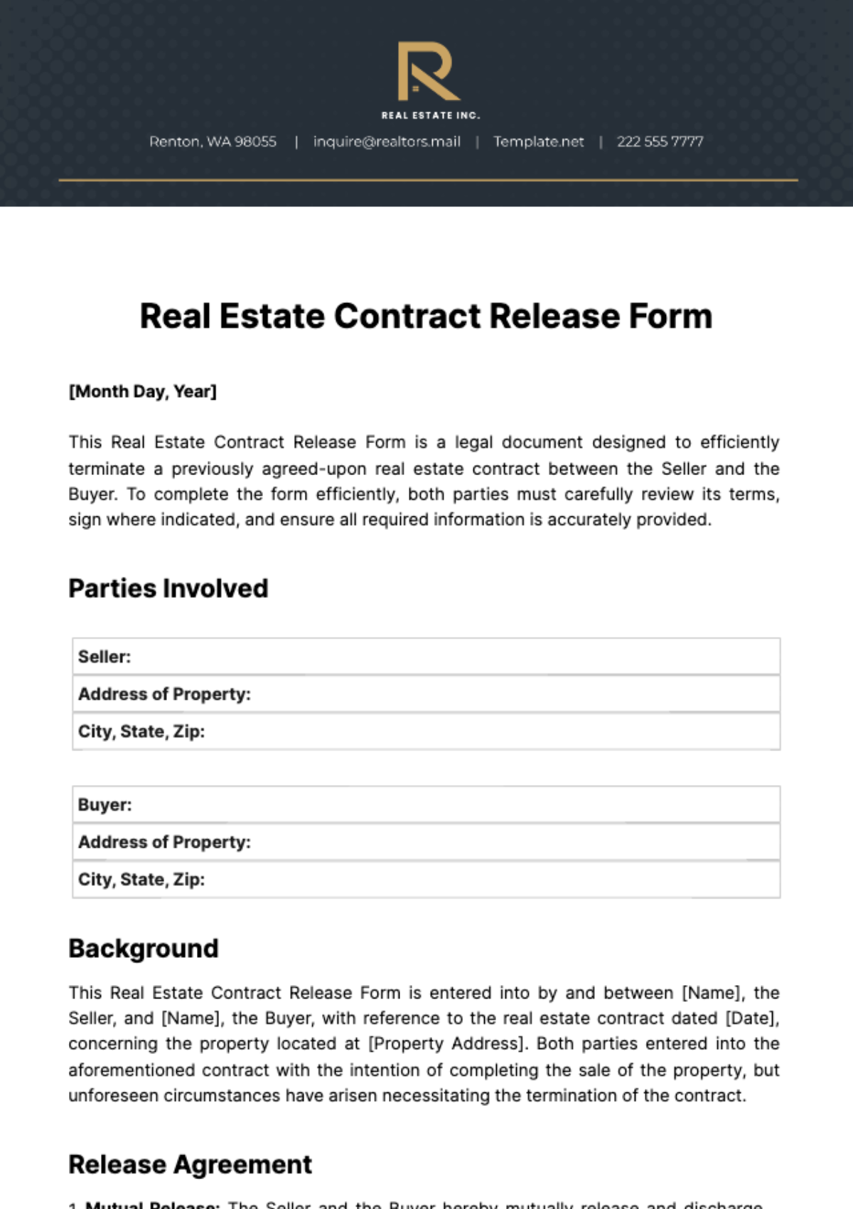 Free Real Estate Contract Release Form Template