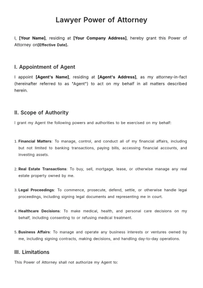 Free Lawyer Power of Attorney Template to Edit Online