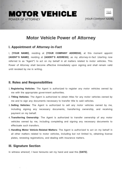 Free Motor Vehicle Power of Attorney Template to Edit Online