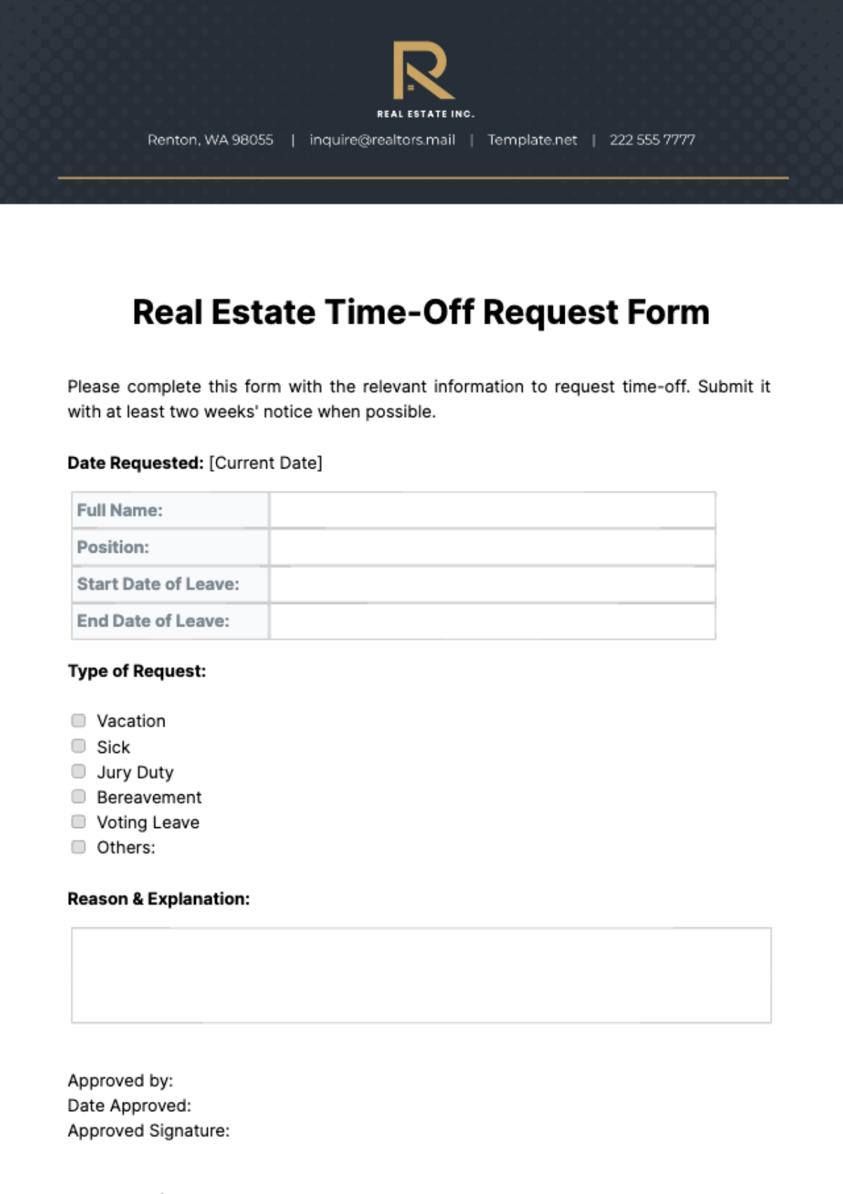 Free Real Estate Time-Off Request Form Template