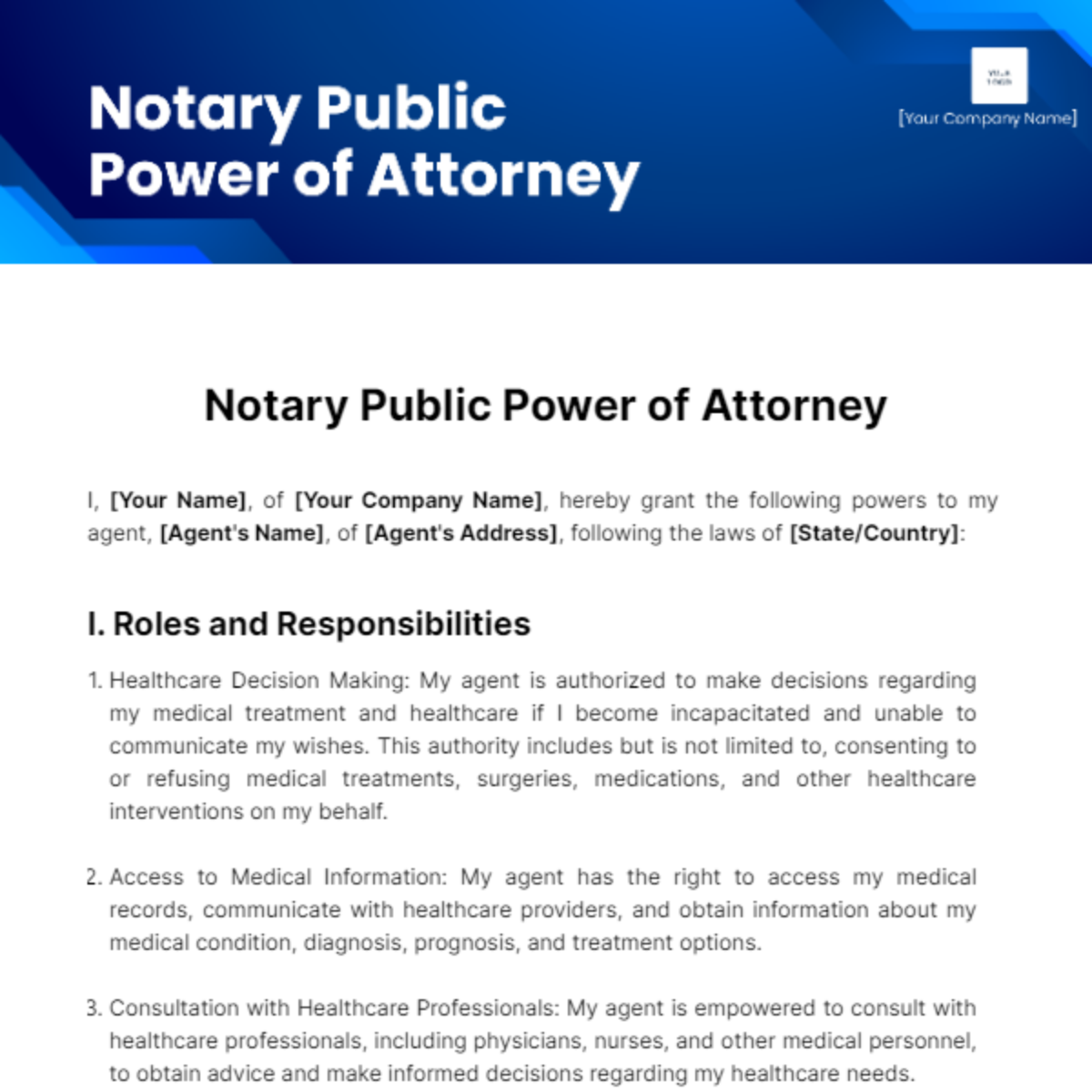 Notary Public Power of Attorney Template