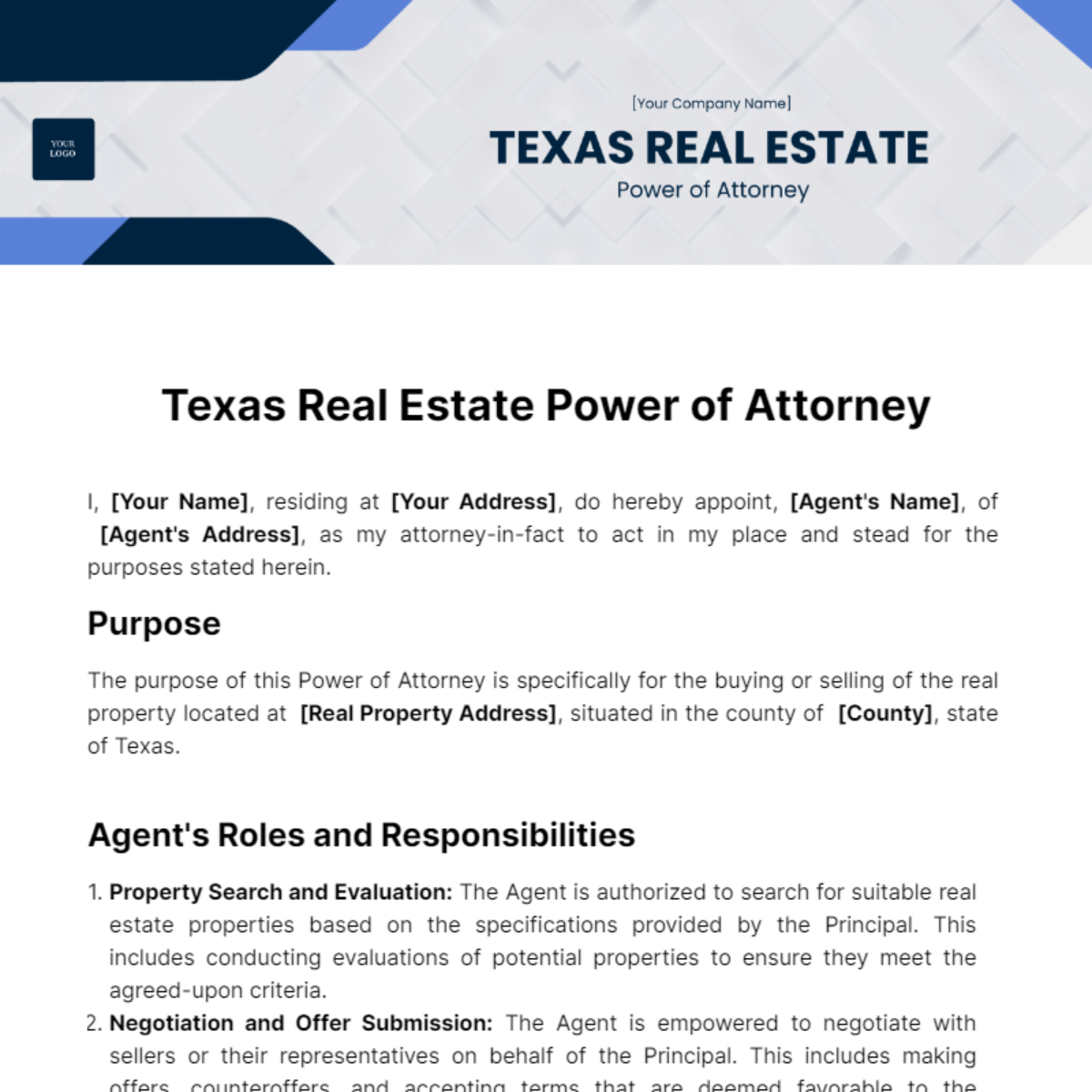 Texas Real Estate Power of Attorney Template