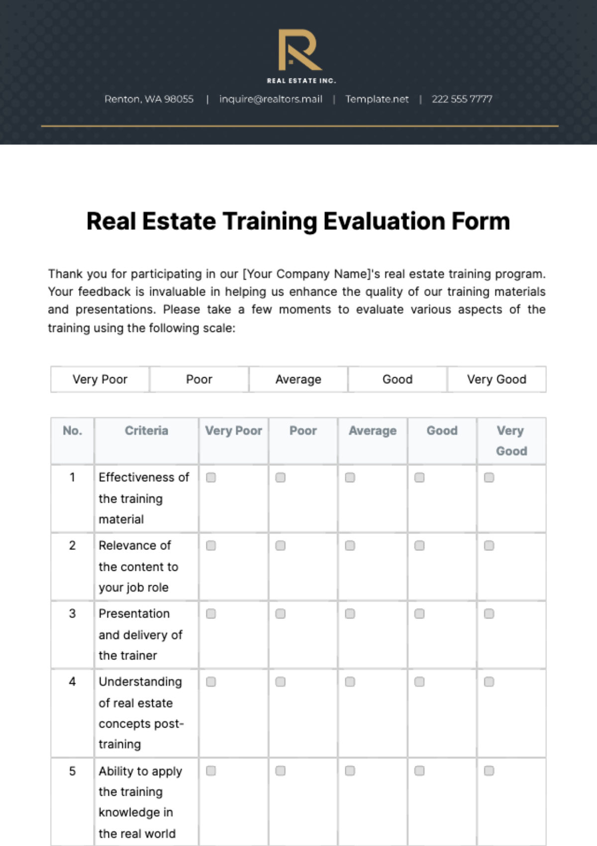 Real Estate Training Evaluation Form Template