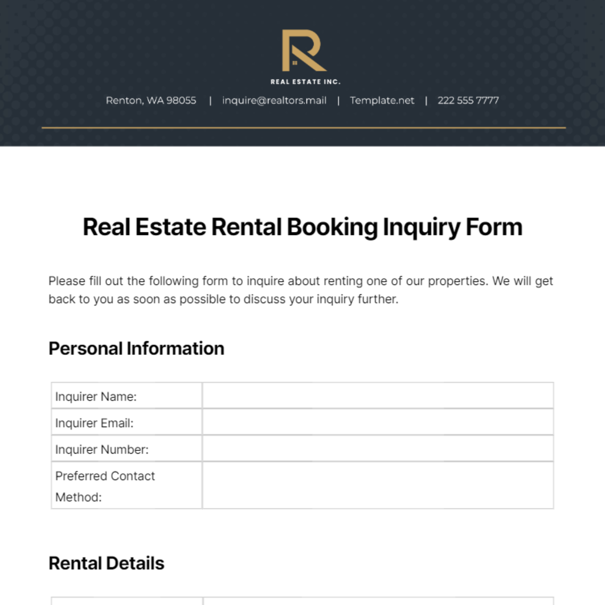 Real Estate Rental Booking Inquiry Form Template