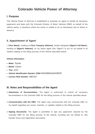 Free Colorado Vehicle Power of Attorney Template to Edit Online