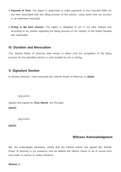 Free Colorado Vehicle Power of Attorney Template to Edit Online