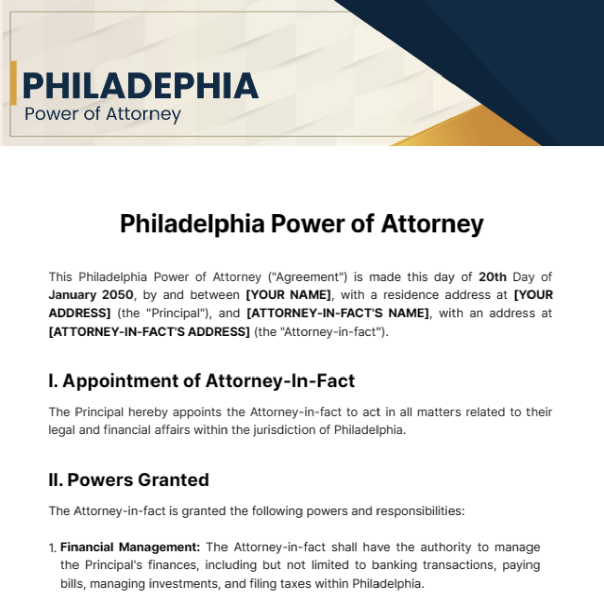 Philadelphia Power of Attorney Template