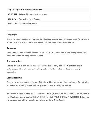 Free New Zealand Honeymoon Itinerary Template to Edit Online