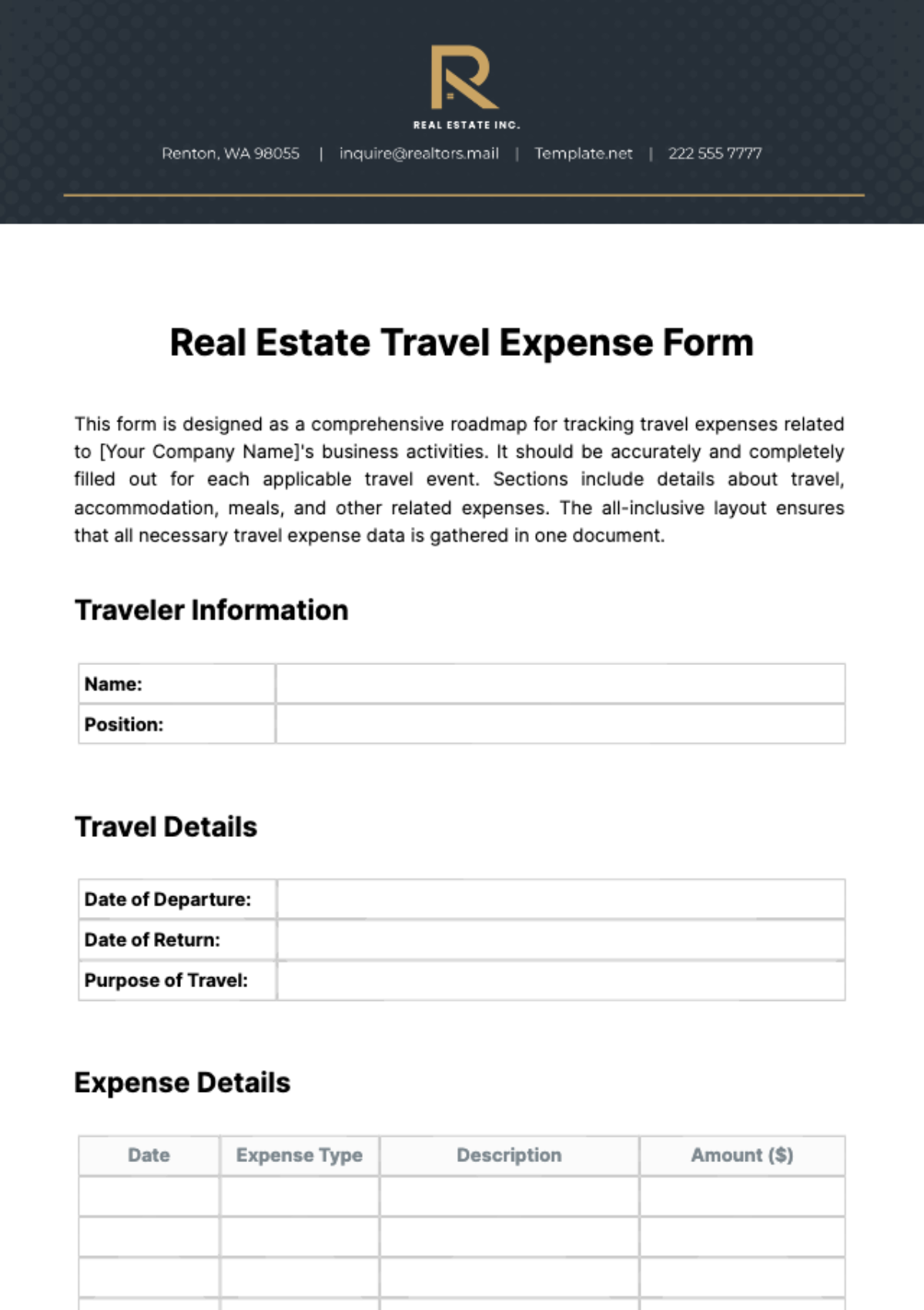 Real Estate Travel Expense Form Template