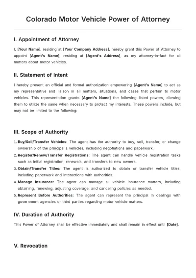 Free Colorado Motor Vehicle Power of Attorney Template to Edit Online