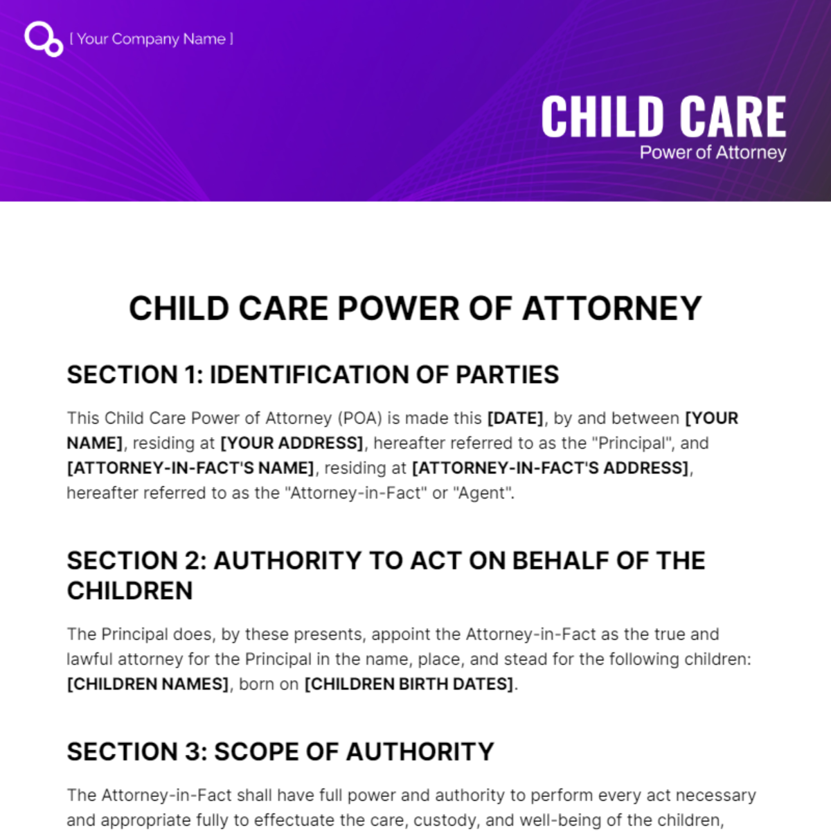 Child Care Power of Attorney Template