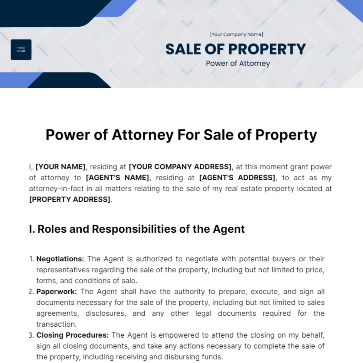 Power of Attorney For Sale Of Property Template