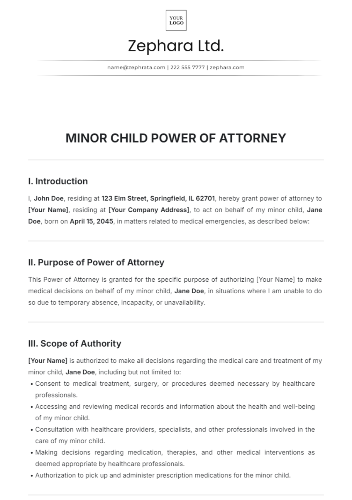 Minor Child Power of Attorney Template - Edit Online & Download