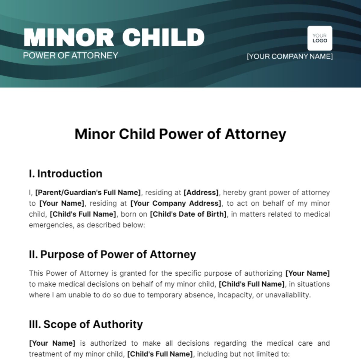 Minor Child Power of Attorney Template