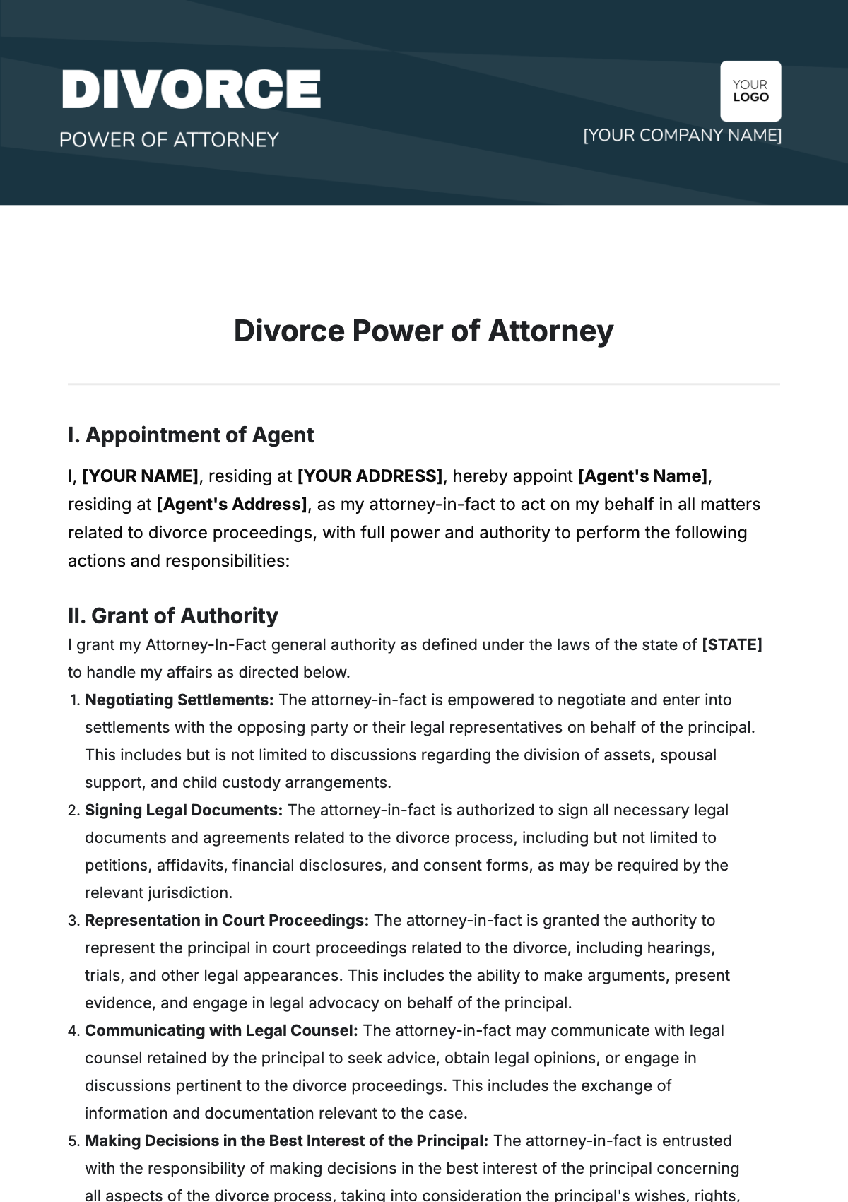 Divorce Power of Attorney Template - Edit Online & Download