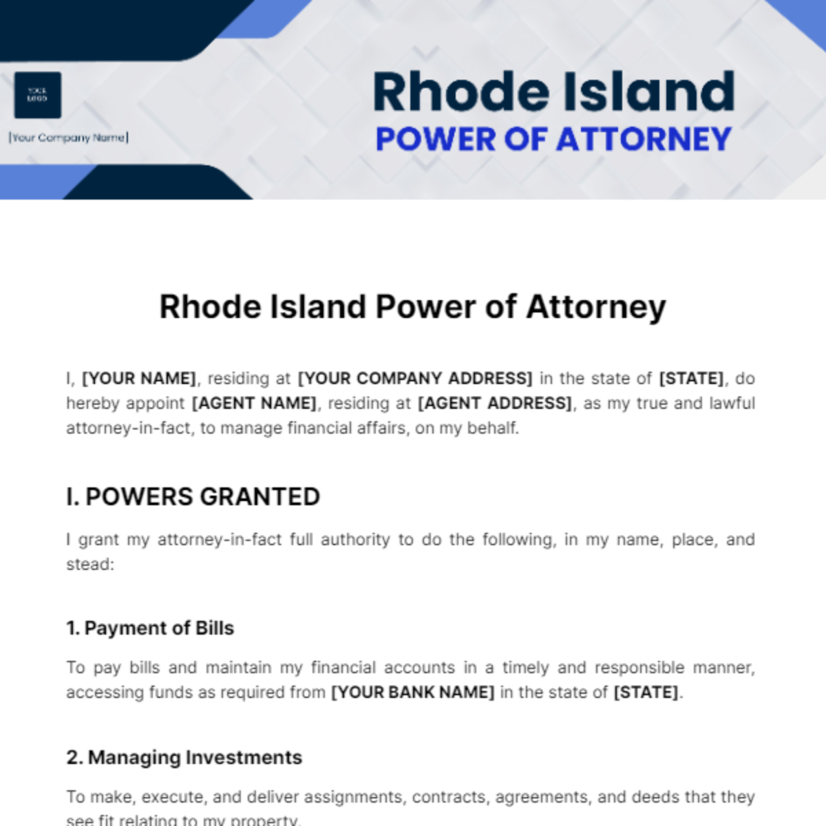 Rhode Island Power of Attorney Template
