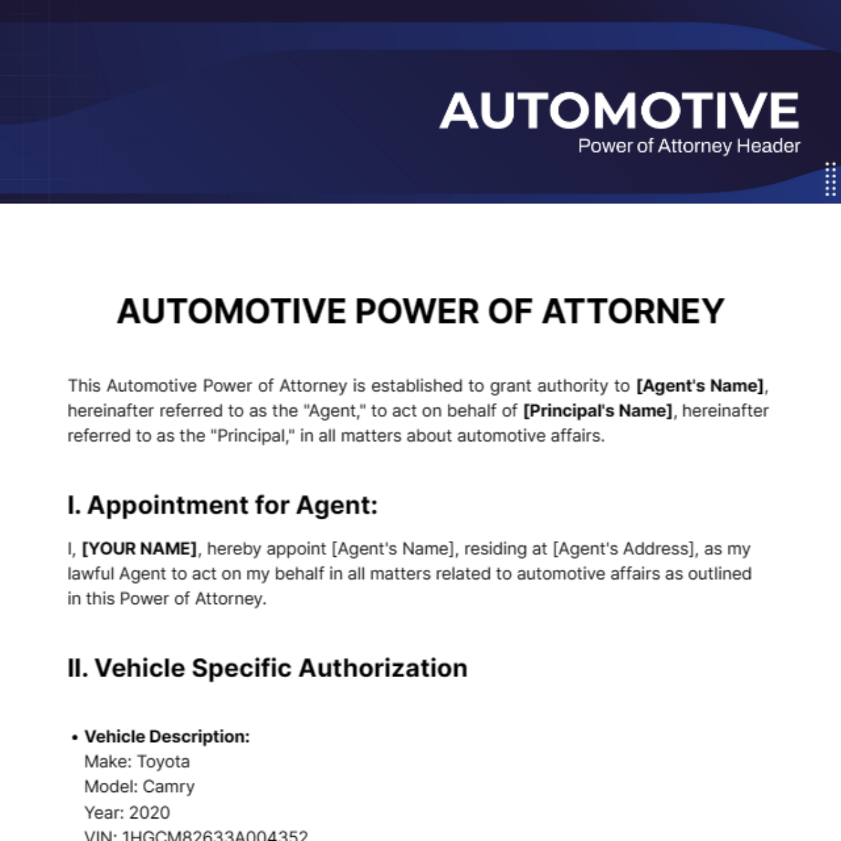 Automotive Power of Attorney - Edit Online & Download