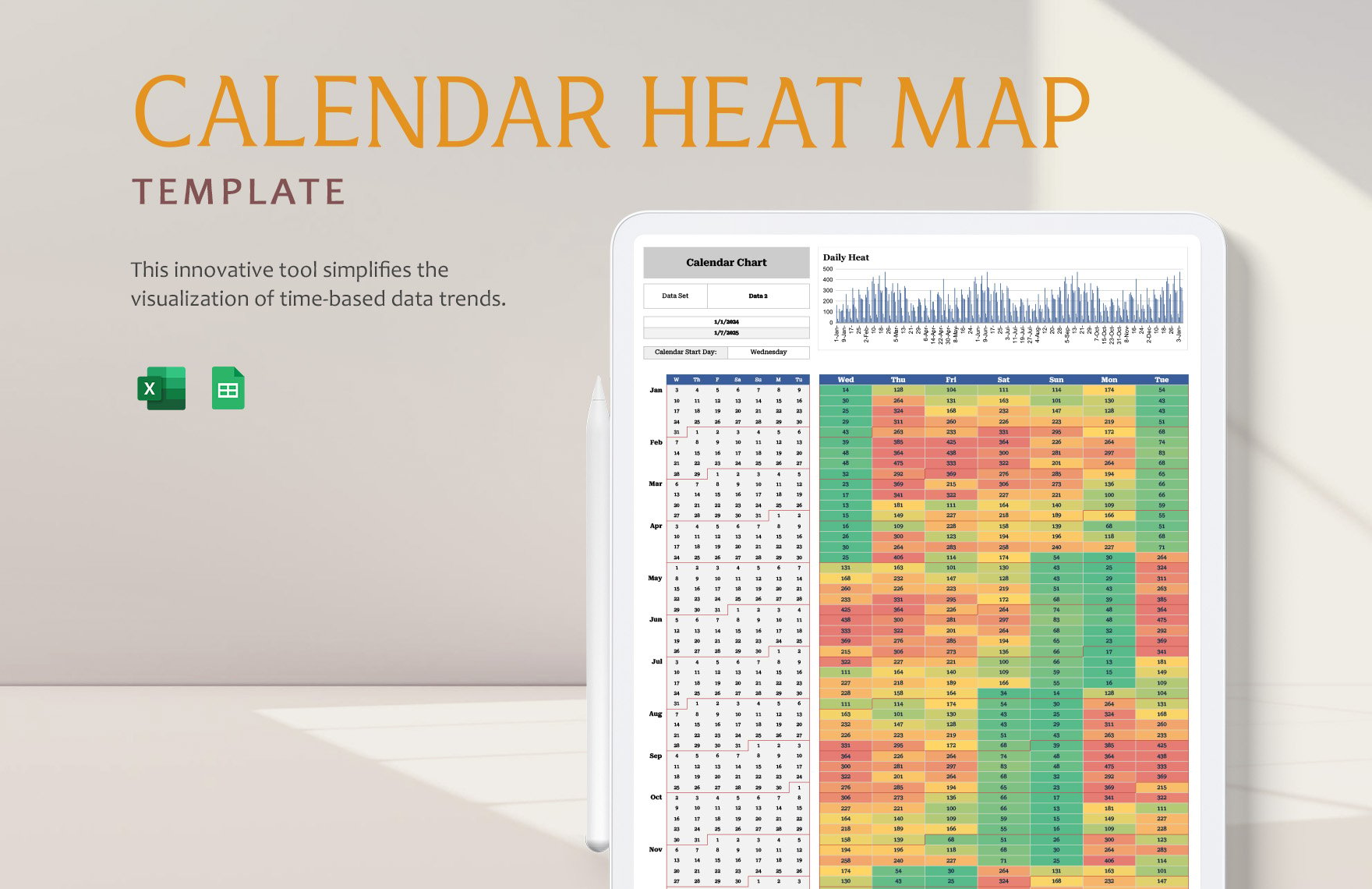 Calendar Heat Map Template in Excel, Google Sheets