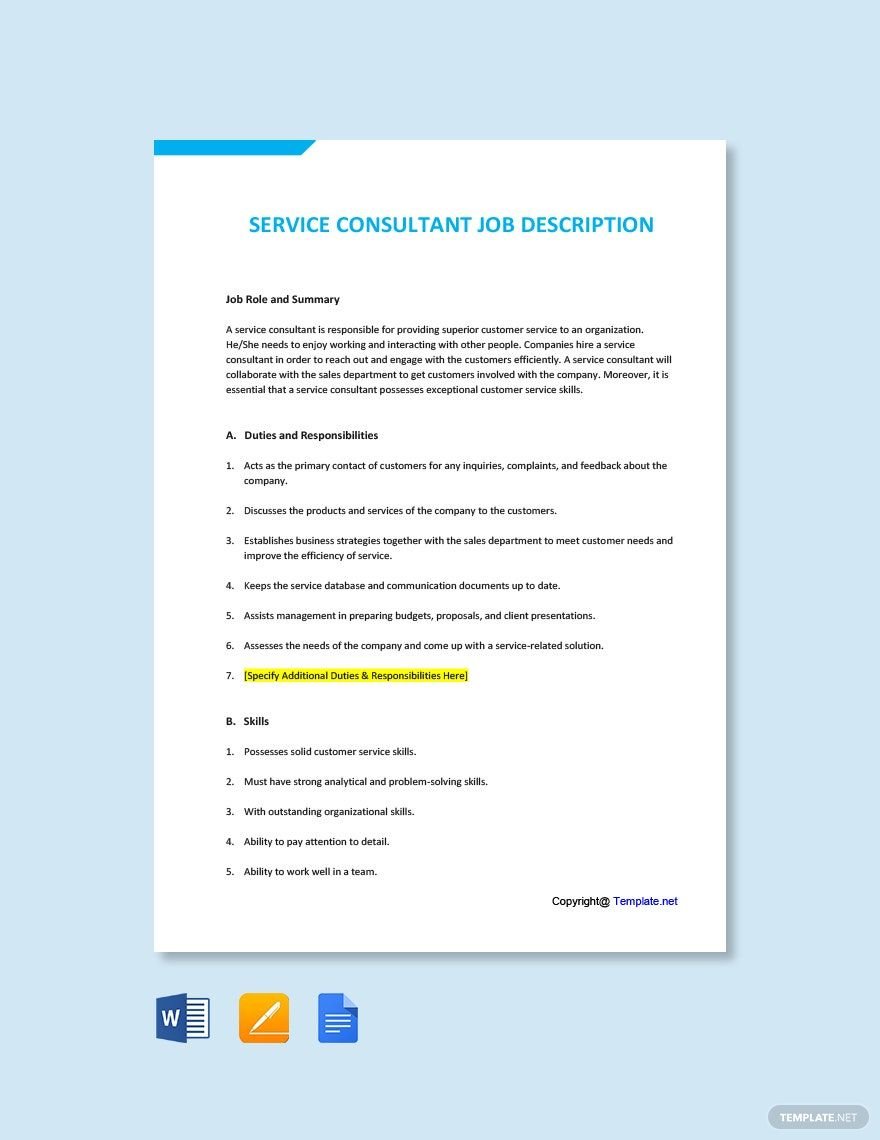 Customer Service Job Description Templates 15 Free Sample Example   Service Consultant Job Description 1 