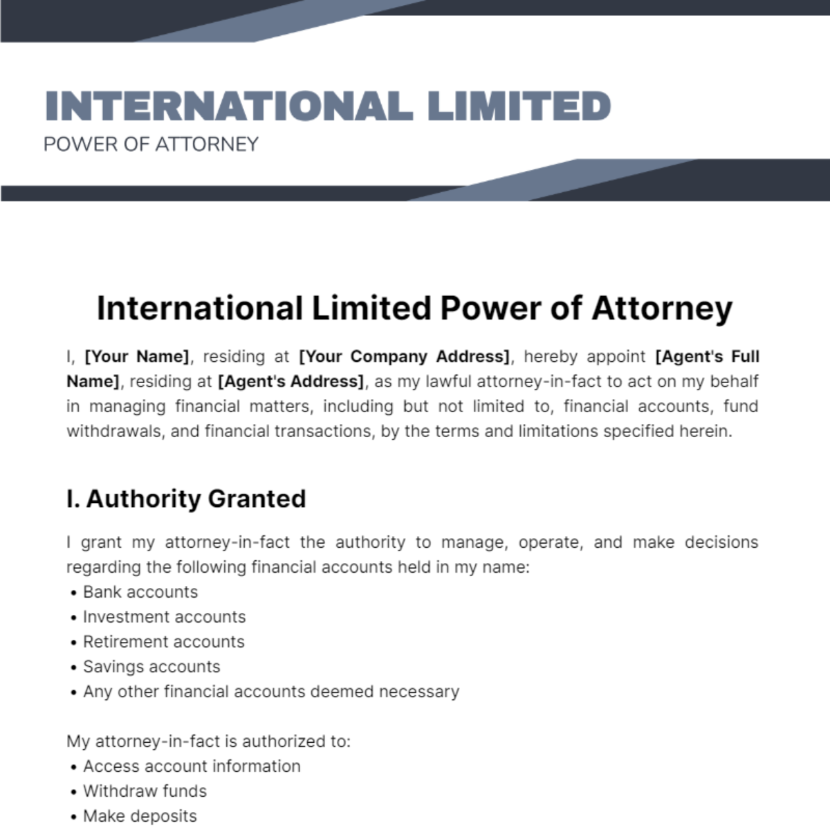 International Limited Power of Attorney Template - Edit Online & Download