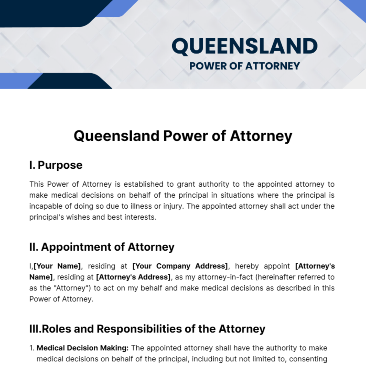 Queensland Power of Attorney Template