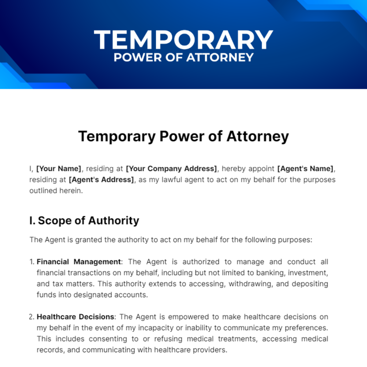 Temporary Power of Attorney Template