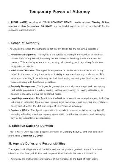 Free Temporary Power of Attorney Template to Edit Online