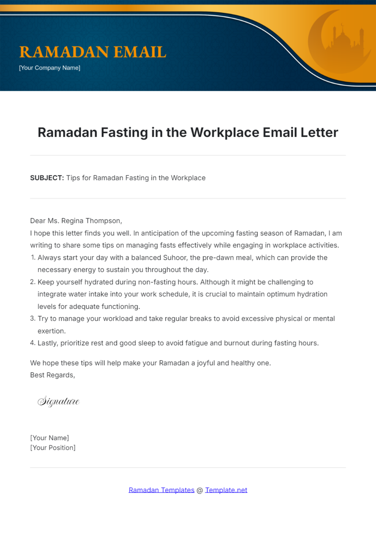 Ramadan Fasting in the Workplace Email Letter Template