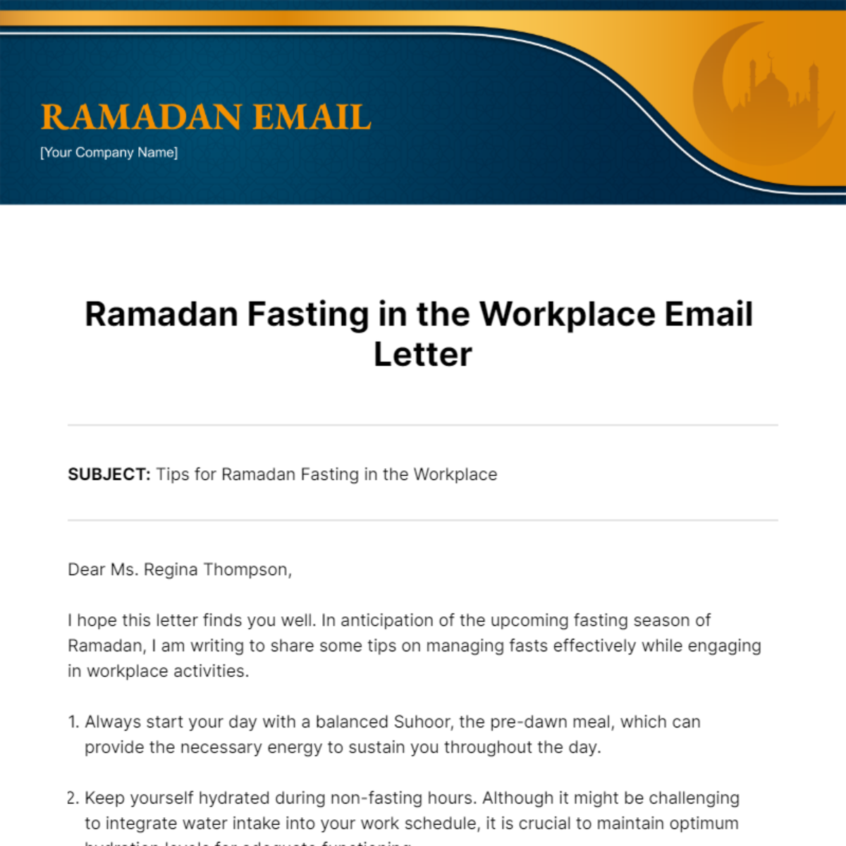 Ramadan Fasting in the Workplace Email Letter Template