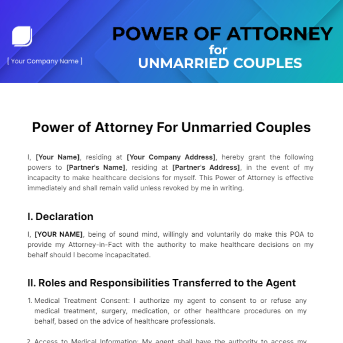 Power of Attorney For Unmarried Couples Templates