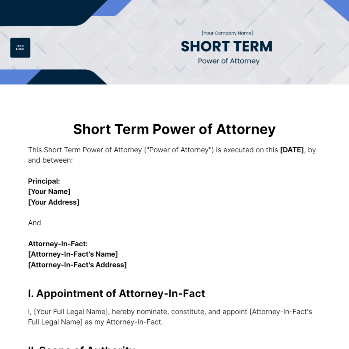 Short Term Power of Attorney Template