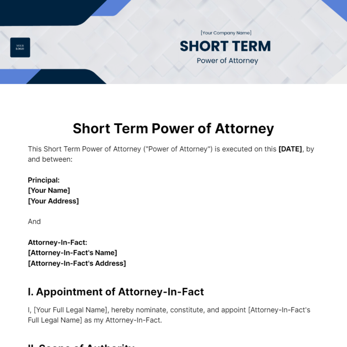 Short Term Power of Attorney Template - Edit Online & Download