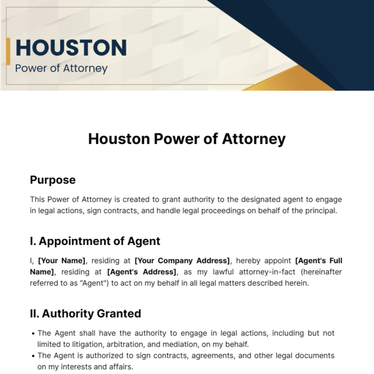 Houston Power of Attorney Template