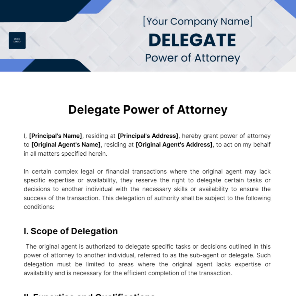 Delegate Power of Attorney Template