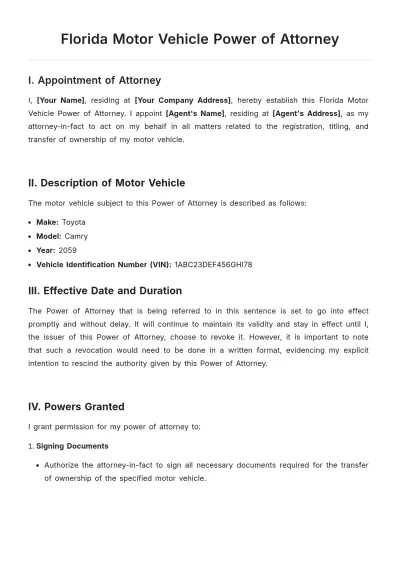 Free Florida Motor Vehicle Power of Attorney Template to Edit Online