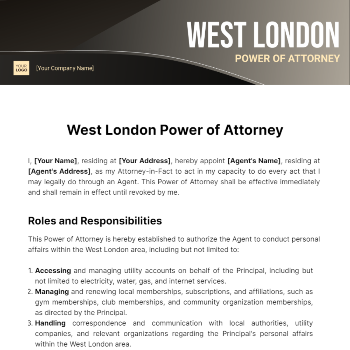 West London Power of Attorney Template