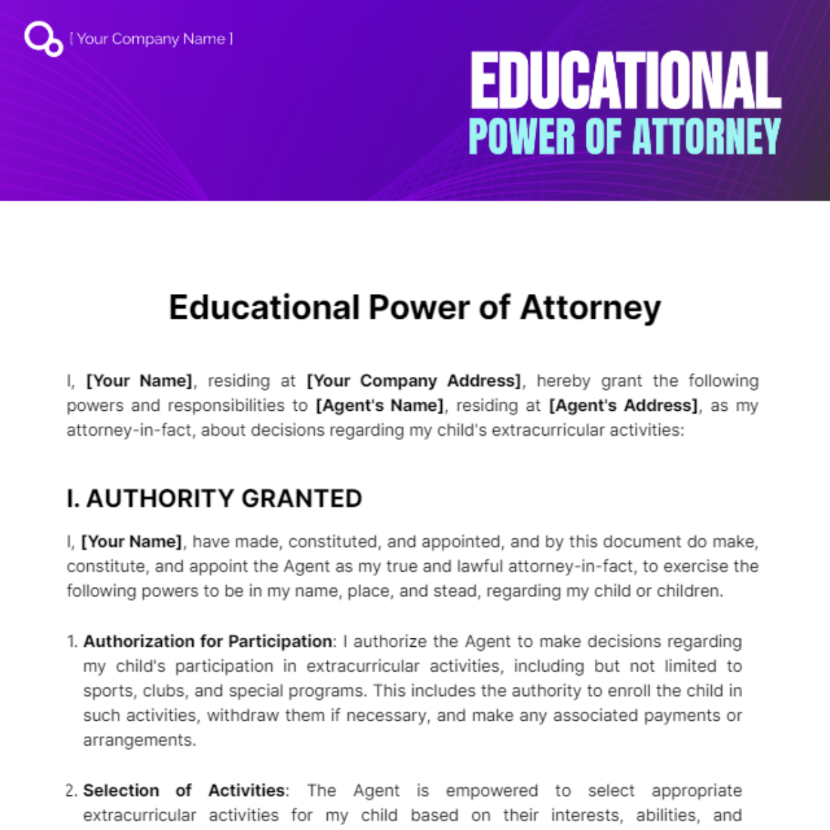 Educational Power of Attorney Template