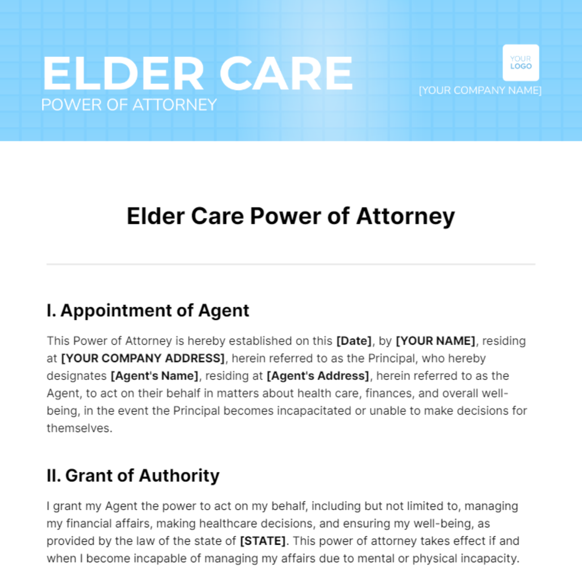 Elder Care Power of Attorney Template