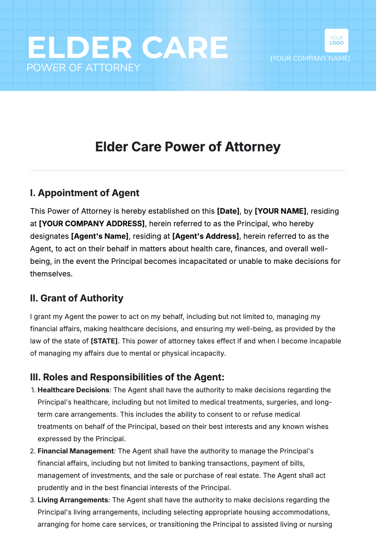 Elder Care Power of Attorney Template - Edit Online & Download