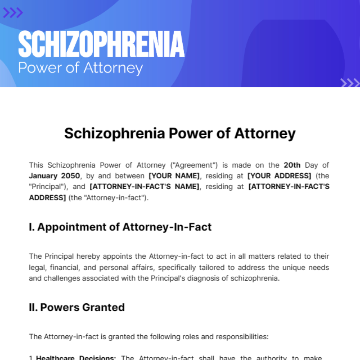 Schizophrenia Power of Attorney Template